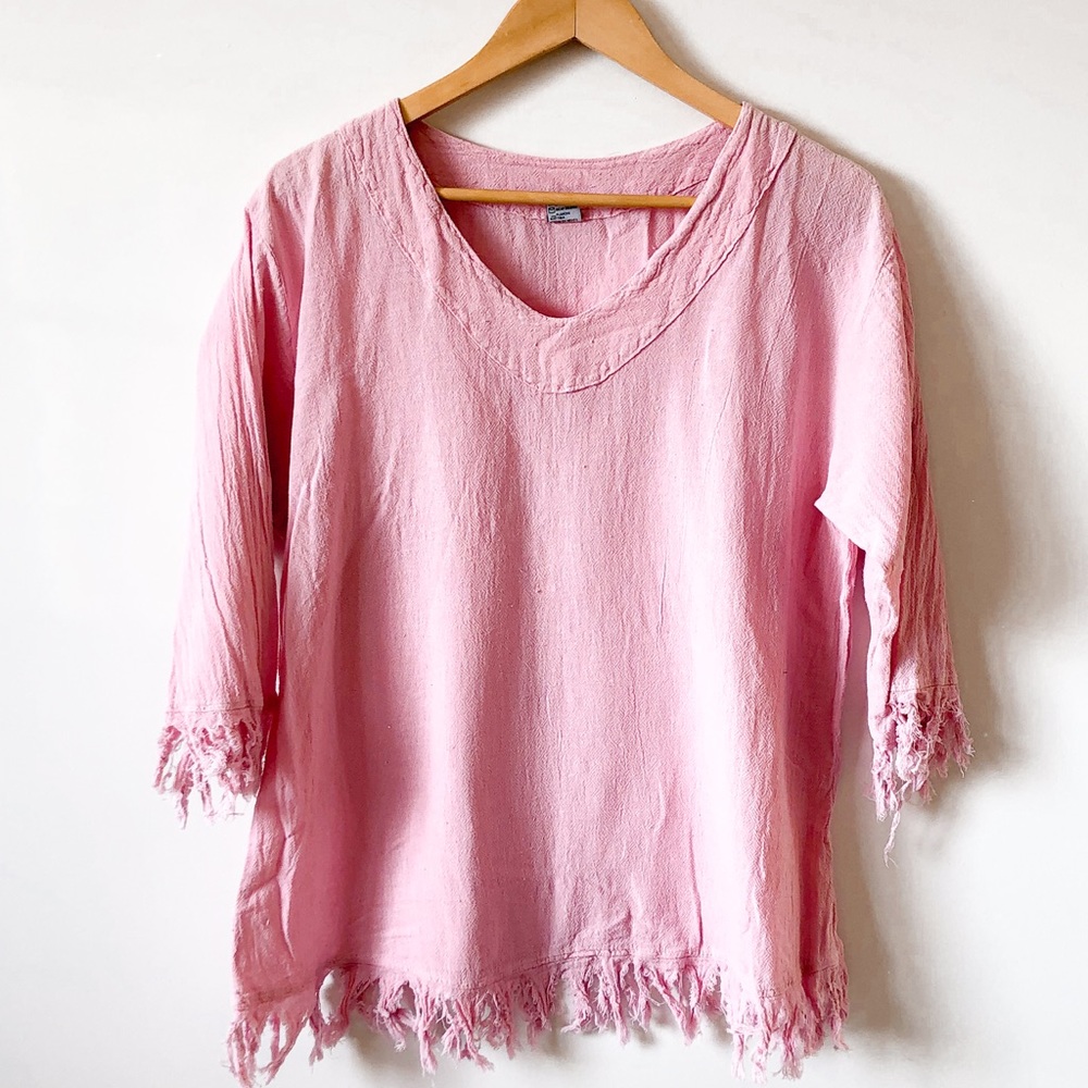 Women's Pink Short Sleeve Fringe Tee